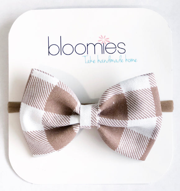 Beige Check Fall Cotton Bow - Bloomies Handmade